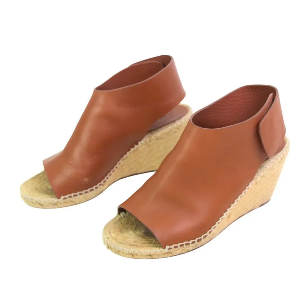 CELINE PARIS BROWN GENUINE LEATHER OPEN TOE WEDGE SLINGBACK SANDALS SHOES Sz 38